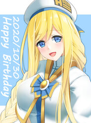  :d alicia_florence aria_(manga) aria_company_uniform bananatsukis beret blonde_hair blue_bow blue_bowtie blue_eyes blue_ribbon bow bowtie braid capelet dated female gold_trim happy_birthday hat hat_ribbon high_collar light_blush long_hair looking_at_viewer open_mouth ribbon sailor_hat shirt smile solo swept_bangs uniform upper_body very_long_hair white_capelet white_hat white_shirt winter_uniform 