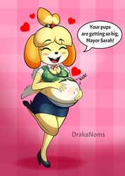  absurd_res animal_crossing anthro belly_blush blush body_blush breasts canid canine canis cardigan cleavage clothed clothing dialogue domestic_dog drakanoms english_text female heart_symbol hi_res isabelle_(animal_crossing) mammal nintendo pregnant pregnant_anthro pregnant_female shih_tzu solo text toy_dog 