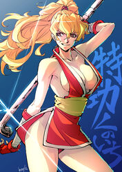  absurdres arm_up bare_shoulders blonde_hair breasts brown_eyes cleavage commentary female final_fight genryuusai_maki glint grin high_ponytail highres holding holding_lead_pipe lead_pipe long_hair looking_at_viewer looking_to_the_side medium_breasts ninja pelvic_curtain ponytail signature smile solo standing street_fighter street_fighter_zero_(series) strikebeagle translation_request weapon 