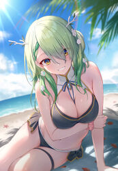  absurdres adapted_costume arm_scrunchie beach beach_towel bikini blue_sky blush breasts ceres_fauna ceres_fauna_(1st_costume) cleavage cloud day female flower green_hair grin hair_flower hair_ornament highres hololive hololive_english large_breasts leaning_forward long_hair lying mole mole_under_eye navel on_side outdoors sky smile solo starfish stomach sunlight swimsuit tokisaka_makoto towel virtual_youtuber wet wrist_cuffs yellow_eyes 