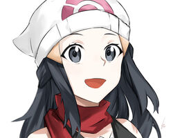  :d black_eyes black_hair dawn_(pokemon) female floating_hair haisato_(ddclown14) hat long_hair open_mouth pokemon pokemon_dppt portrait print_headwear red_scarf scarf simple_background smile solo white_background white_hat 