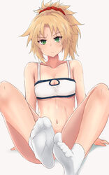  :t arm_support blonde_hair blush breasts cleavage cleavage_cutout clothing_cutout commentary fate/apocrypha fate/grand_order fate_(series) feet female green_eyes highres long_hair mordred_(fate) mordred_(fate/apocrypha) mordred_(memories_at_trifas)_(fate) navel no_shoes red_scrunchie scrunchie small_breasts socks solo sweatdrop tarosu 