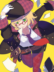  belt black_jacket black_shorts blonde_hair breasts cleavage collared_shirt commentary_request dress_shirt enkyo_yuuichirou female glasses gloves green_eyes hand_on_headwear hat highres hisho_collection jacket long_sleeves mouth_hold necktie notepad open_clothes open_jacket pantyhose paper red-framed_eyewear red_necktie red_pantyhose round_eyewear running shirt shoes short_hair shorts simple_background solo standing standing_on_one_leg thigh_gap white_gloves white_shirt wing_collar yellow_background 