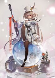  4bkm ammunition_belt ammunition_box breasts cleavage commentary_request female fur-trimmed_jacket fur-trimmed_sleeves fur_trim girls&#039;_frontline gloves gun hat highres jacket knee_to_chest kord_(girls&#039;_frontline) kord_6p50 korean_commentary large_breasts light_brown_hair long_hair looking_at_viewer pantyhose red_eyes shell_casing skirt smile snow_globe snowman solo striped_clothes striped_skirt weapon wide_sleeves 