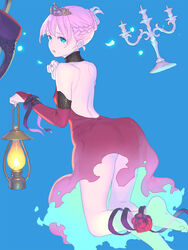  ankle_ribbon ass bare_back bare_legs bare_shoulders barefoot blue_background blue_eyes braid bridal_gauntlets candelabra candlestand commentary_request crown dress elbow_gloves enkyo_yuuichirou female fingernails floating flower folded_ponytail french_braid from_behind ghost gloves hat highres hisho_collection lantern leg_ribbon long_hair looking_at_viewer looking_back median_furrow mole mole_under_eye nail_polish open_mouth parted_lips pink_hair purple_nails red_dress red_flower red_gloves red_rose ribbon rose short_hair simple_background solo tiara 