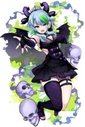  absurdres akagi_(sk0127aho) apricot_the_lich apricot_the_lich_(1st_costume) blue_hair breasts cleavage cleavage_cutout clothing_cutout colored_inner_hair demon_girl demon_wings fangs female fishnets full_body green_eyes green_hair highres horns jewelry medium_breasts multicolored_hair multiple_horns oerba_yun_fang pointy_ears ring single_thighhigh skirt skull solo thighhighs tiara virtual_youtuber vshojo wings 