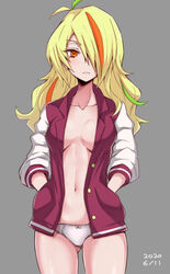  alternate_hairstyle ass_visible_through_thighs blonde_hair bow bow_panties breasts closed_mouth commentary cowboy_shot crotch_seam dated female frown grey_background grey_panties hair_down hair_over_one_eye hands_in_pockets highres jacket letterman_jacket light_green_hair long_hair looking_at_viewer medium_breasts multicolored_hair navel nikaidou_saki no_bra no_pants open_clothes open_jacket orange_eyes orange_hair panties simple_background solo standing streaked_hair sumiosmith underwear zombie_land_saga 