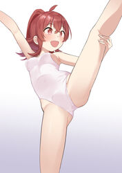  ahoge breasts commentary_request cowboy_shot female gradient_background grey_background highres idolmaster idolmaster_shiny_colors komiya_kaho kumanomi leg_up leotard long_hair red_eyes red_hair small_breasts smile solo split standing standing_on_one_leg standing_split white_background white_leotard 