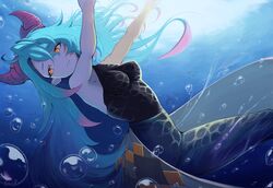  absurdres blue_hair breasts bubble dragalia_lost dragon_horns female highres horns humanoid_mercury_(dragalia_lost) large_breasts long_hair looking_away multicolored_hair pink_hair seerdraws two-tone_hair underwater very_long_hair yellow_eyes 