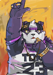  2020 alp_(tas) anthro bear black_nose bonbonbear clothing fur giant_panda hat headgear headwear humanoid_hands kemono lifewonders mammal overweight overweight_anthro purple_body purple_fur shirt solo tokyo_afterschool_summoners topwear tuokemao white_body white_fur 