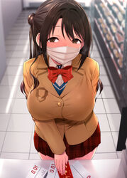  animal_collar arm_behind_back black_hair blazer blush bow bowtie breasts breath brown_eyes brown_hair buying_condoms cash_register choker collar commentary_request condom_box convenience_store cowboy_shot embarrassed female from_above idolmaster idolmaster_cinderella_girls indoors jacket large_breasts long_hair long_sleeves looking_at_viewer mask miniskirt mouth_mask one_side_up plaid plaid_skirt pleated_skirt red_bow red_bowtie red_eyes satou_kuuki school_uniform shimamura_uzuki shop sidelocks skirt solo surgical_mask sweat tile_floor tiles 