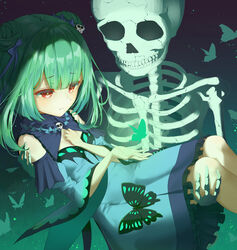  absurdres blue_dress blue_ribbon blunt_bangs bug butterfly carrying closed_mouth commentary_request detached_collar double_bun dress feet_out_of_frame female frilled_dress frills green_butterfly green_hair hair_bun hair_ornament hair_ribbon hand_on_own_chest highres hololive long_sleeves looking_at_animal md5_mismatch princess_carry red_eyes resolution_mismatch ribbon short_hair skeleton skull_hair_ornament source_smaller uruha_rushia uruha_rushia_(1st_costume) virtual_youtuber wuming_xia 