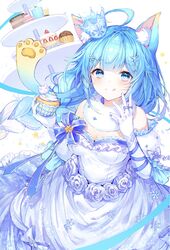  :q absurdres ahoge animal_ear_fluff animal_ears blue_eyes blue_hair blue_ribbon blush breasts cat_ears cleavage closed_mouth crown cupcake dress elbow_gloves female flower food food_on_face frilled_dress frills fur_collar gloves gradient_hair hair_ornament highres holding holding_food indie_virtual_youtuber jewelry lanmewko large_breasts long_hair looking_at_viewer mini_crown multicolored_hair multiple_rings noyu_(noyu23386566) ribbon ring simple_background smile snowflake_hair_ornament solo star_(symbol) tiered_tray tongue tongue_out very_long_hair virtual_youtuber white_background white_dress white_flower white_gloves white_hair 