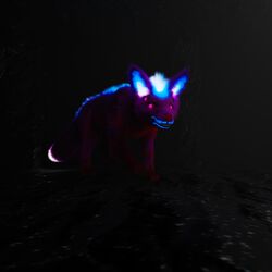  1:1 3d_(artwork) 4_eyes absurd_res after_transformation akaifox alice_(akaifox) angry autodesk_maya_(artwork) bared_teeth blue_body blue_fur blue_markings canid canine cave digital_media_(artwork) female feral fox fur glowing glowing_body glowing_fur glowing_markings glowing_tail glowing_tail_tip hi_res mammal markings monster multi_eye purple_body purple_fur purple_sclera red_body red_eyes red_fur smaller_version_at_source solo stalking tail teeth teeth_(marking) teeth_showing whiskers 