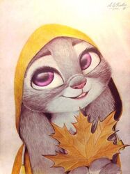  anthro askalin clothed clothing disney fall_leaves female fur graphite_(artwork) grey_body grey_fur hand_on_face hat headgear headwear judy_hopps lagomorph leaf leporid mammal pencil_(artwork) purple_eyes rabbit rain_coat simple_background smile solo straw_hat traditional_media_(artwork) white_background zootopia 