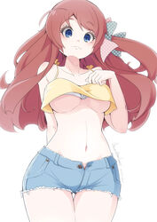  ahoge bare_shoulders blue_eyes bow breasts collar commentary_request denim denim_shorts female haya_bs highres long_hair looking_at_viewer medium_breasts midriff minamoto_sakura navel open_fly polka_dot polka_dot_bow polka_dot_ribbon red_hair ribbon shorts sleeveless solo tank_top underboob white_background zombie_land_saga 