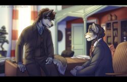  alternate_species anthro black_bars canid canine canis clothed clothing detailed_background digital_media_(artwork) duo felid furrification hannibal_(series) hannibal_lecter letterbox lion male mammal masahikoko pantherine will_graham wolf 