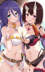  2girls aqua_eyes asymmetrical_docking belt bikini black_bikini breast_press breasts bridal_garter broken_horn brown_belt brown_hair closed_mouth collarbone commentary eriko_(princess_connect!) eriko_(summer)_(princess_connect!) flower flower_bracelet flower_trim food hair_between_eyes hair_flower hair_ornament highres holding holding_food horns incoming_food large_breasts long_hair looking_at_viewer multi-strapped_bikini_bottom multi-strapped_bikini_top multiple_girls navel o-ring o-ring_bikini o-ring_top open_mouth princess_connect! purple_eyes purple_hair red_flower shizuru_(princess_connect!) shizuru_(summer)_(princess_connect!) short_hair smile swimsuit togo_(korlsj1235) two-tone_bikini white_bikini 