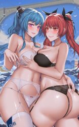  2girls ahoge azur_lane bare_shoulders black_bra black_garter_belt blue_hair blush bra bra_pull breasts cleavage clothes_pull covered_navel dress garter_belt hair_between_eyes hair_ornament hanada_yanochi hand_on_breast hand_on_own_hip honolulu_(azur_lane) lace lace-trimmed_panties lace_trim large_breasts lingerie long_hair looking_at_viewer multiple_girls panties parted_lips purple_eyes red_eyes red_hair rigging sidelocks smile st._louis_(azur_lane) thighhighs twintails underwear white_garter_belt white_panties white_thighhighs 