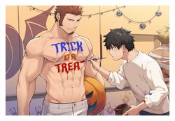  3boys 47 abs bandages bara beowulf_(fate/grand_order) biceps black_hair blush body_writing chest english_text facial_hair fate/grand_order fate_(series) fujimaru_ritsuka_(male) groin halloween halloween_costume jack-o&#039;-lantern male_focus multiple_boys mummy_costume muscle naked_bandage napoleon_bonaparte_(fate/grand_order) navel nipples paint_on_clothes paintbrush painting pants pumpkin pumpkin_hat shirtless short_hair sideburns stubble trick_or_treat white_pants 