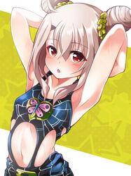  armpits arms_behind_head arms_up bare_shoulders blush breasts brooch collarbone cosplay double_bun fate/kaleid_liner_prisma_illya fate_(series) female hair_between_eyes hair_bun highres illyasviel_von_einzbern jewelry jojo_no_kimyou_na_bouken kujo_jolyne kujo_jolyne_(cosplay) long_hair looking_at_viewer mochi_(k620803n) navel open_mouth red_eyes sidelocks small_breasts solo spider_web_print stone_ocean white_hair 