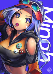  arm_behind_head artist_name bae_minah_(chaesu) bandaid bandaid_on_cheek bandaid_on_face blue_eyes blue_hair borrowed_character breasts candy character_name clothing_cutout commentary commission crop_top cropped_hoodie english_commentary eyewear_on_head female food hannah_santos hat hood hood_down hoodie lollipop long_hair looking_at_viewer medium_breasts midriff original protected_link red_hat shoulder_cutout solo striped sunglasses twitter_username v-neck visor_cap white-framed_eyewear 