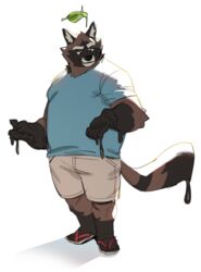  2020 anthro belly bottomwear brown_body brown_fur canid canine clothing cyanroll fur humanoid_hands kuon_(cyanroll) leaf male mammal overweight overweight_anthro overweight_male raccoon_dog shirt shorts simple_background solo tanuki topwear 