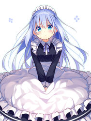  alternate_costume apron between_legs black_dress blue_eyes blue_hair blush commentary_request dress enmaided female gochuumon_wa_usagi_desu_ka? hair_ornament hairclip hand_between_legs kafuu_chino long_hair maid maid_headdress simple_background solo usume_shirou waist_apron white_apron white_background wind wind_lift 