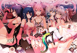  5girls animal_ears ass babydoll bare_shoulders belt black_bra blue_hair bra breasts brown_legwear clothing_cutout commentary_request cross-laced_clothes cross-laced_cutout detached_sleeves dress elaine_(iron_saga) finger_to_mouth fishnet_legwear fishnets garter_straps grey_hair hair_between_eyes hair_spread_out halterneck happy_valentine haruka_(iron_saga) hat heterochromia iron_saga jacket large_breasts long_hair long_sleeves looking_at_viewer lying matilda_(iron_saga) medium_breasts mole mole_on_breast multiple_girls nail_polish nurse_cap oboro_(iron_saga) off_shoulder official_art on_back on_side one_side_up open_mouth orange_eyes pantyhose phone pillow pink_dress pink_hair pink_legwear profile purple_eyes purple_hair red_eyes see-through sideless_outfit skindentation slokai_(iron_saga) smile stethoscope stuffed_animal stuffed_rabbit stuffed_toy syringe tail thigh_strap thighhighs twintails underwear valentine very_long_hair white_jacket yadapot zettai_ryouiki 