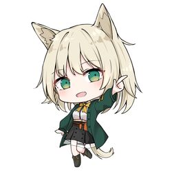  :d animal_ear_fluff animal_ears arknights bad_id bad_pixiv_id black_footwear black_skirt blush boots bow breasts chibi chinese_commentary commentary_request dog_ears dog_girl dog_tail female full_body green_jacket jacket knee_boots light_brown_hair long_sleeves looking_at_viewer mango_(mgo) oerba_yun_fang open_clothes open_jacket open_mouth outstretched_arm pleated_skirt podenco_(arknights) pointing shirt simple_background skirt small_breasts smile solo standing standing_on_one_leg tail white_background white_shirt yellow_bow 