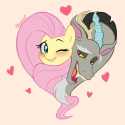  1:1 absurd_res blush chimera discord_(mlp) draconequus duo equid equine female feral fluttershy_(mlp) friendship_is_magic fur green_eyes grey_body grey_fur hasbro heart_symbol hexecat hi_res horse male male/female mammal my_little_pony mythological_creature mythological_equine mythology one_eye_closed open_mouth pegasus pony red_eyes smile wings wink yellow_body yellow_fur 