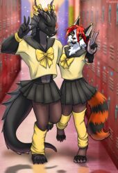  alternative_fashion anthro bottomwear canid canine canis closed_eyes clothing detailed_background dragon duo female gesture gyaru hand_gesture hi_res j-fashion kogal male mammal miniskirt mythological_creature mythological_scalie mythology obsidian_(dragon) pose ribbons scalie school school_uniform skirt smile smiling_at_viewer tail tail_under_skirt tsarinart uniform v_sign wolf yellow_clothing 