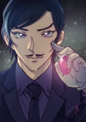  1boy black_hair black_jacket black_necktie closed_mouth collared_shirt facial_hair gloves highres holding jacket long_sleeves looking_at_viewer makoto1009 male_focus meitantei_conan morofushi_takaaki moustache necktie purple_eyes purple_shirt shirt short_hair solo sparkle swept_bangs white_gloves wing_collar 