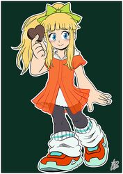  android blonde_hair blue_eyes blush border bow candy chocolate commentary facing_viewer female food full_body green_bow hairbow heart heart-shaped_chocolate high_ponytail holding holding_chocolate holding_food ian_dimas long_hair loose_socks mega_man_(classic) mega_man_(series) pantyhose ponytail roll_(mega_man) sidelocks signature simple_background smile socks solo white_border 