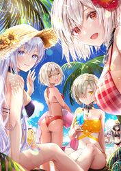  6+girls :d absurdres akasaka_asa alternate_costume animal_on_head ass azur_lane beach belfast_(azur_lane) bikini black_bikini blonde_hair blue_eyes blue_sky breasts brown_hair cleavage closed_mouth cloud collarbone cross cross_necklace cup dappled_sunlight day drinking_straw edinburgh_(azur_lane) enterprise_(hms)_(azur_lane) flower glasses green_eyes grey_hair hair_flower hair_ornament hat hat_flower highres holding holding_cup holster innertube jewelry lens_flare looking_at_viewer looking_back medium_breasts multiple_girls navel necklace newcastle_(azur_lane) ocean on_head outdoors plaid plaid_bikini red_bikini red_eyes red_flower round_eyewear sheffield_(azur_lane) sideboob sirius_(azur_lane) sitting sky small_breasts smile standing strapless strapless_bikini straw_hat summer sun_hat sunlight swim_ring swimsuit white_bikini white_hair yellow_bikini yellow_eyes yellow_flower yellow_headwear 