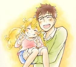  1boy :d ^_^ amaama_to_inazuma bad_id bad_pixiv_id beige_background black-framed_eyewear blush brown_hair carrying closed_eyes closed_mouth collared_shirt contllenge curly_hair denim denim_shorts double_v dress_shirt eyelashes father_and_daughter feet_out_of_frame female furrowed_brow glasses gradient_background green_sweater grin hair_between_eyes inuzuka_kouhei inuzuka_tsumugi knees_together_feet_apart light_brown_hair lolicon long_hair long_sleeves open_mouth orange_background photoshop_(medium) pink_shirt princess_carry shirt shorts simple_background smile sweater teeth twintails upper_body upper_teeth_only v white_shirt 