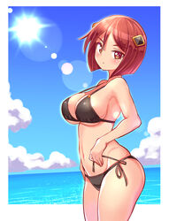  azure_striker_gunvolt azure_striker_gunvolt_2 bikini black_bikini blue_sky blunt_ends bob_cut breasts cleavage closed_mouth cloud cloudy_sky cougar_(cougar1404) cowboy_shot day female from_side groin hair_ornament halterneck horizon large_breasts lens_flare light_frown navel nowa_(gunvolt) ocean outdoors red_eyes red_hair short_hair side-tie_bikini_bottom sky solo string_bikini sun swimsuit untying 