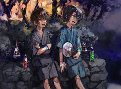  2boys aged_down athrun_zala bag bagged_fish blue_hair bottle brown_hair crossed_arms festival fish goldfish green_eyes gundam gundam_seed hand_fan highres japanese_clothes jtr kimono kira_yamato lolicon male_focus multiple_boys paper_fan purple_eyes ramune short_hair smile yukata 