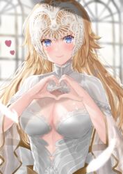  absurdres blonde_hair blue_eyes breasts center_opening commentary dress fate/apocrypha fate/grand_order fate_(series) female headpiece heart heart_hands highres jeanne_d&#039;arc_(fate) jeanne_d&#039;arc_(lostroom_outfit)_(fate) kazama_(akki12) large_breasts long_hair long_sleeves looking_at_viewer revision smile solo very_long_hair white_dress 