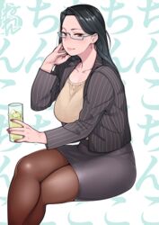  beige_shirt black_hair black_pantyhose black_skirt blazer bra_visible_through_clothes breasts closed_mouth commentary_request crossed_legs cup drinking_glass earrings female glasses hand_on_own_cheek hand_on_own_face jacket jewelry large_breasts long_hair looking_to_the_side mature_female miniskirt neone office_lady open_clothes open_jacket original pantyhose pink_lips pinstripe_pattern semi-rimless_eyewear sitting skirt solo striped 