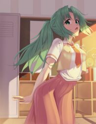  arms_behind_back chalkboard collared_shirt female green_eyes green_hair highres higurashi_no_naku_koro_ni locker looking_to_the_side necktie open_mouth pleated_skirt ponytail red_necktie red_skirt revvie school_uniform shelving_book shirt skirt solo sonozaki_mion vest white_shirt wooden_floor yellow_vest 