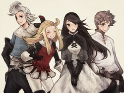  2girls agnes_oblige ahoge blonde_hair bow bravely_default:_flying_fairy bravely_default_(series) breasts brown_hair chizu_(fiute) closed_mouth commentary_request dress edea_lee elbow_gloves gloves hairbow long_hair looking_at_viewer multiple_boys multiple_girls open_mouth photoshop_(medium) ringabel simple_background smile tiz_arrior 