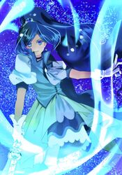  blue_dress blue_eyes blue_hair casting_spell commentary_request cowboy_shot cure_fontaine dress earrings eyes_visible_through_hair female floating_hair gem gloves hair_ornament healin&#039;_good_precure healing_animal healing_wand heart heart_hair_ornament highres jewelry long_hair looking_at_viewer magical_girl pegitan_(precure) petals precure sawaizumi_chiyu serious signature tiara very_long_hair white_gloves yuuki_aoi_(aoi_town) 