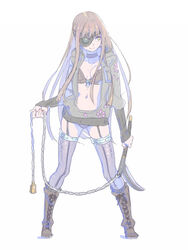  boots bra brown_footwear brown_hair choker closed_mouth commentary_request contrapposto cross-laced_footwear enkyo_yuuichirou eyepatch female full_body garter_straps grey_thighhighs hair_over_one_eye highres hisho_collection holding holding_weapon hood hood_down hooded_jacket jacket legs_apart looking_to_the_side navel one_eye_covered open_clothes open_jacket original panties purple_choker purple_panties simple_background smile solo standing thighhighs underwear weapon white_background yellow_eyes 