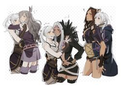  4girls ? aversa_(fire_emblem) blush brown_hair coat dark-skinned_female dark_skin dotted_background dress english_commentary facial_mark feather_hair_ornament feathers fire_emblem fire_emblem_awakening hair_around_ear hair_ornament highres hug hug_from_behind long_hair long_sleeves multiple_girls musical_note oratoza panne_(fire_emblem) robin_(female)_(fire_emblem) robin_(fire_emblem) shirt sleeveless sleeveless_shirt sumia_(fire_emblem) thighhighs twintails white_hair yuri 