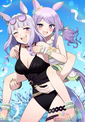  2girls :d ;d absurdres animal_ears bare_shoulders black_one-piece_swimsuit blunt_bangs blush breasts carrying casual_one-piece_swimsuit cleavage eyewear_on_head gold_ship_(run_revolt_launcher)_(umamusume) gold_ship_(umamusume) grey_hair gum_(vivid_garden) highres horse_ears horse_girl horse_tail large_breasts long_hair looking_at_viewer mejiro_mcqueen_(ripple_fairlady)_(umamusume) mejiro_mcqueen_(umamusume) multiple_girls official_alternate_costume official_alternate_hairstyle one-piece_swimsuit one_eye_closed piggyback purple_eyes purple_hair sandals smile sunglasses swimsuit tail umamusume 