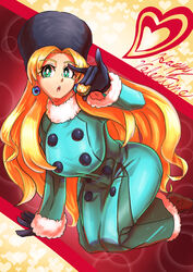  absurdres black_gloves blonde_hair blue_coat blush breasts buttons coat earrings female fur_hat fur_trim gloves green_eyes happy_valentine hat heart highres jewelry kalinka_cossack_(mega_man) kneeling long_hair mega_man_(series) open_mouth rockman_xover saikoraru solo ushanka valentine 