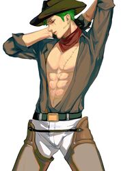  1boy abs alternate_costume arms_behind_head bare_pectorals belt belt_buckle black_belt black_gloves brown_shirt buckle chaps closed_eyes cowboy cowboy_hat earrings fulenimenle gloves green_hair half_gloves hat highres jewelry looking_down male_focus muscular muscular_male neckerchief one_piece open_clothes open_shirt pants pectorals roronoa_zoro scar scar_across_eye shirt shirt_tucked_in short_hair sleeves_rolled_up solo white_background white_pants 