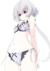  arms_behind_back bare_shoulders blue_eyes bra commentary_request cowboy_shot female floral_print grey_hair haya_bs highres konno_junko lace long_hair looking_at_viewer looking_down low_twintails navel panties print_bra print_panties ribbon_panties side-tie_panties solo twintails underwear underwear_only white_background zombie_land_saga 