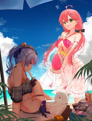  2girls 35p_(sakura_miko) absurdres adapted_costume ahoge apple_juice ball barefoot beachball bikini blue_hair blue_sky breasts cloud commentary day eyewear_on_head feline floral_print flower green_eyes grey_bikini grey_headwear hair_between_eyes hair_flower hair_ornament hat highres hololive hoshimachi_suisei hoshimachi_suisei_(1st_costume) juice juice_box large_breasts long_hair looking_at_viewer micomet_(hololive) multiple_girls o-ring o-ring_bikini off-shoulder_bikini off_shoulder outdoors parted_lips pink_bikini pink_hair plaid plaid_bikini plaid_headwear ponytail print_bikini ribbon_trim sakura_miko see-through short_sleeves sitting sky standing sunglasses swimsuit twintails virtual_youtuber wuming_xia 